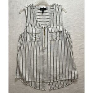 Ellen‎ Tracy Top Women's Size M Tan Striped Quarter Zip Sleeveless Flowy Casual